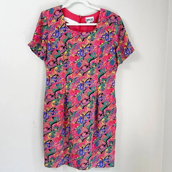 Vtg Y2K Robbie Bee Silk Floral Shift Dress 12 Red Lined Short Sleeve Knee Length - Picture 3 of 7